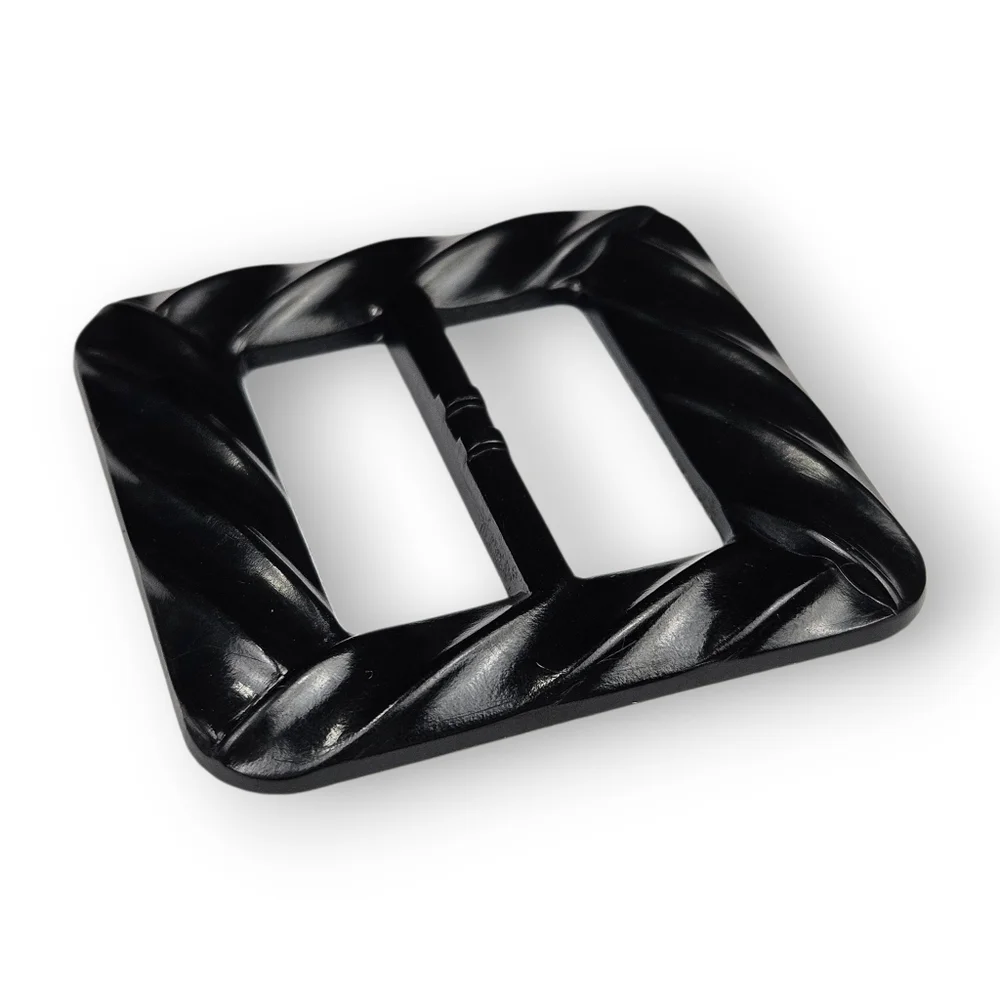 Art Deco Bakelite Sash Belt Buckle Scarf Slide Black Wave Design Square Vtg 2